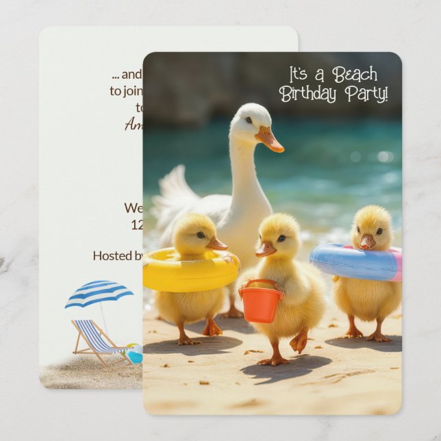 Invitation Cute Ducks On the Beach pour une fête d'anniversai (Devant / Derrière)