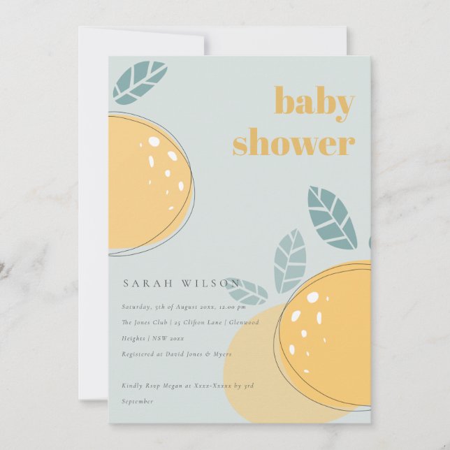 Invitation Cute Dusky Blue Lemon Fruit Baby shower gras (Devant)