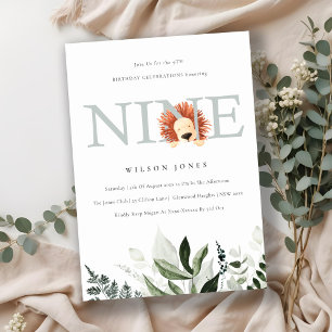 Invitation Cute Dusky Blue Lion Foliage 9e Anniversaire