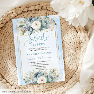 Invitation Cute Dusty Bleu Blancs pivoines Douce 16 Invitatio