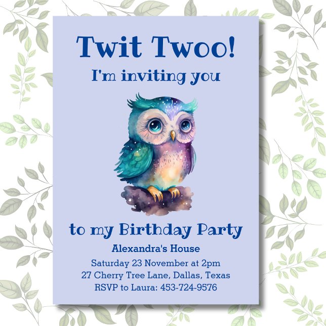 Invitation Cute Dusty Blue Owl Kids Woodland Anniversaire (Créateur téléchargé)