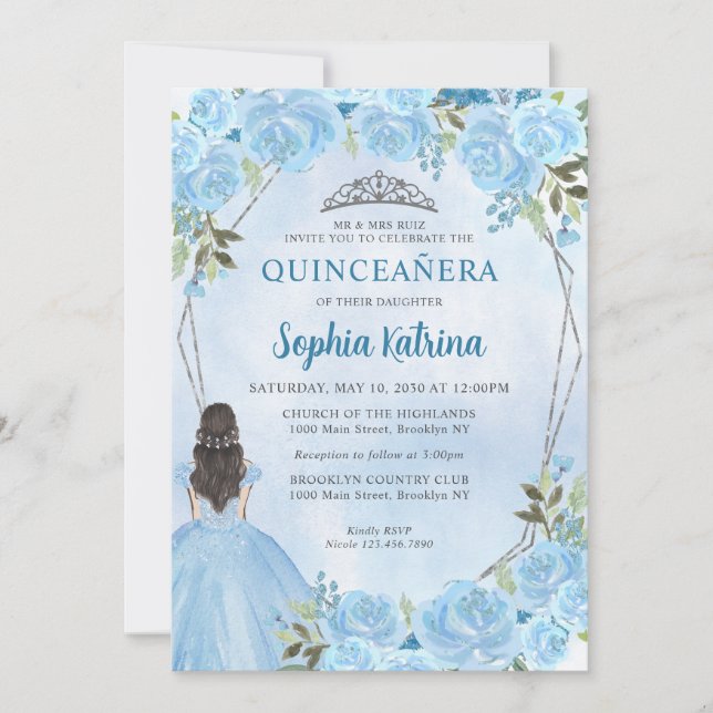 Invitation Cute Dusty Blue Silver Floral Princess Quinceañera (Devant)
