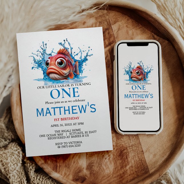 Invitation Cute Eau Bleu Poisson 1er anniversaire (Créateur téléchargé)