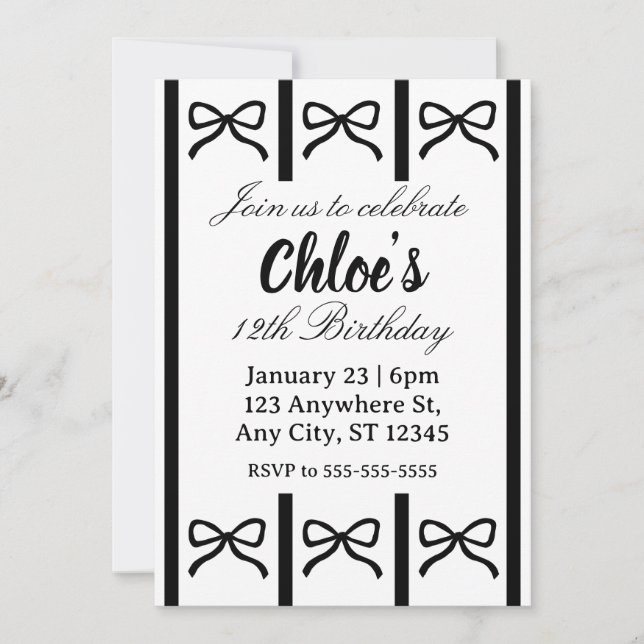Invitation Cute editable bow birthday invite (Devant)