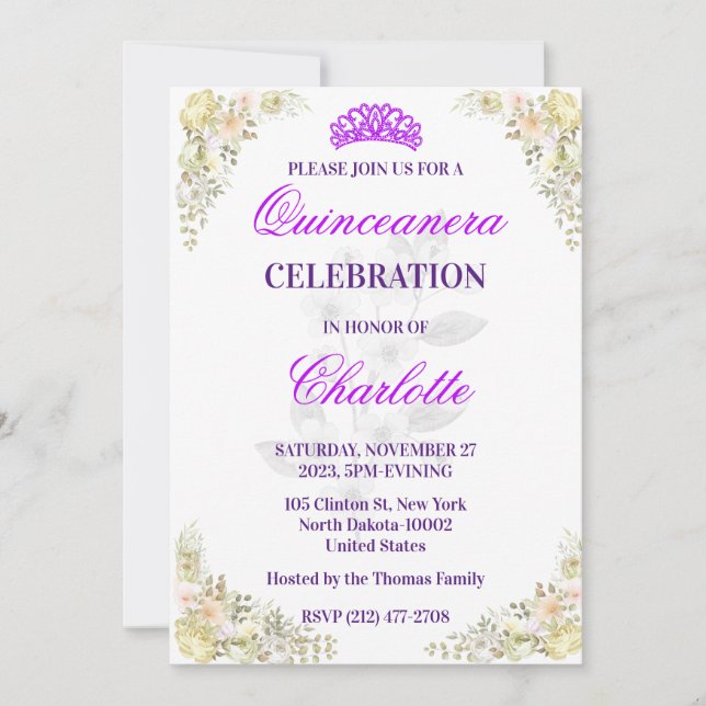Invitation Cute Elégante Quinceanera Florale Pour Fille Anniv (Devant)
