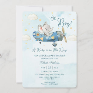 Invitation Cute Elephant Avion Sky Boy Baby shower