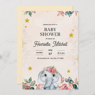 Invitation Cute Elephant Baby Shower Invite, Girl Baby Shower