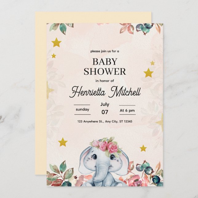 Invitation Cute Elephant Baby Shower Invite, Girl Baby Shower (Devant / Derrière)