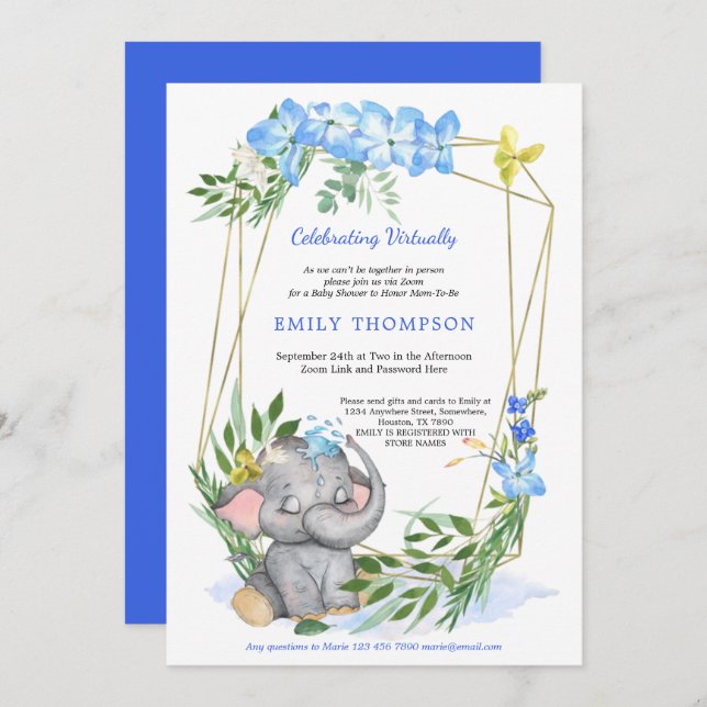 Invitation Cute Elephant Baby shower virtuel bleu géométrique (Devant / Derrière)