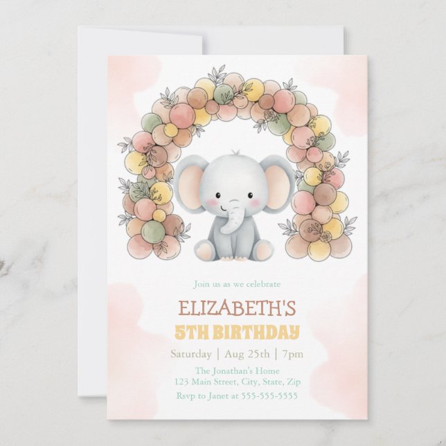 Invitation Cute Elephant Balloon Arch Birthday Party (Devant)
