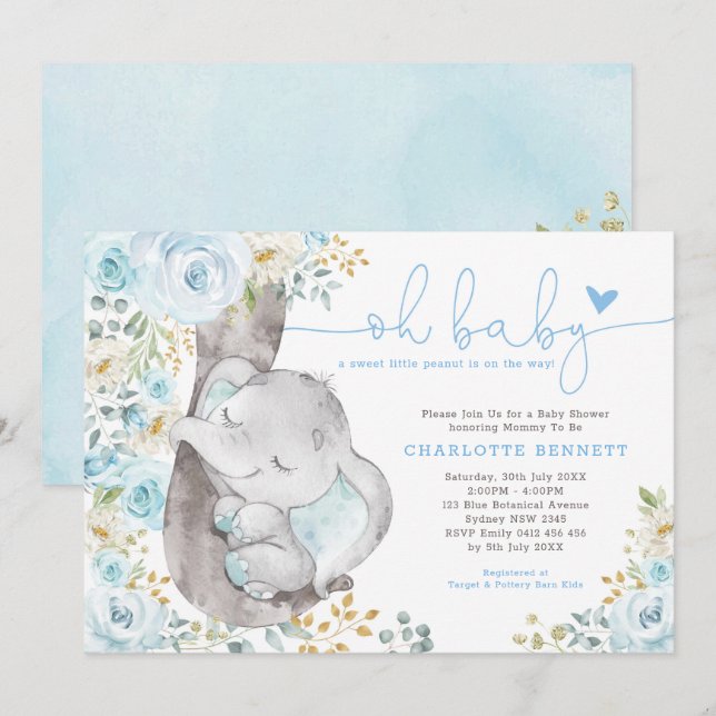 Invitation Cute Elephant bleu doux Baby shower de garçon Flor (Devant / Derrière)