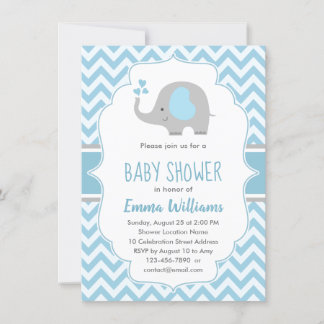Invitation Cute Elephant Boy Baby shower Blue Grey Chevron
