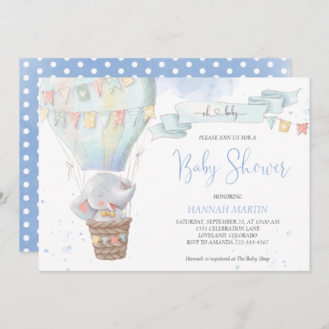 Invitation Cute Elephant Boy Blue Hot Air Baby shower (Devant / Derrière)
