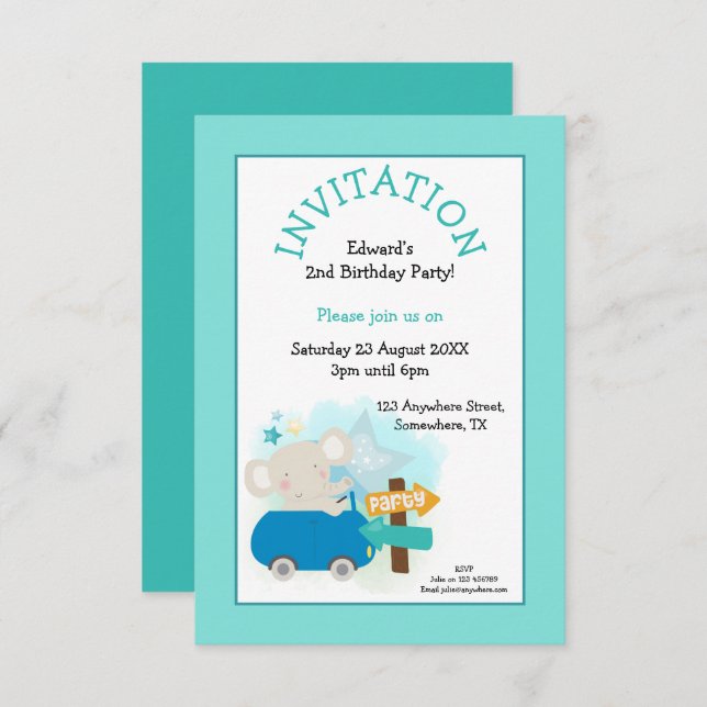 Invitation Cute Elephant Car Boy Fête d'anniversaire Turquois (Devant / Derrière)