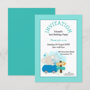 Invitation Cute Elephant Car Boy Fête d'anniversaire Turquois