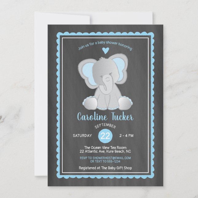 Invitation Cute Elephant Chalkboard Baby Boy Douche (Devant)