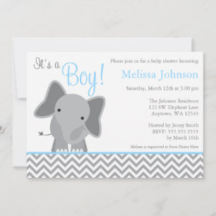 Invitation Cute Elephant Chevron Baby shower bleu clair
