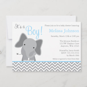 Invitation Cute Elephant Chevron Baby shower bleu clair