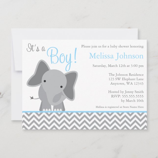 Invitation Cute Elephant Chevron Baby shower bleu clair (Devant)