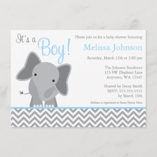 Invitation Cute Elephant Chevron Baby shower bleu clair