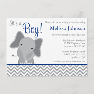 Invitation Cute Elephant Chevron Baby shower bleu marine