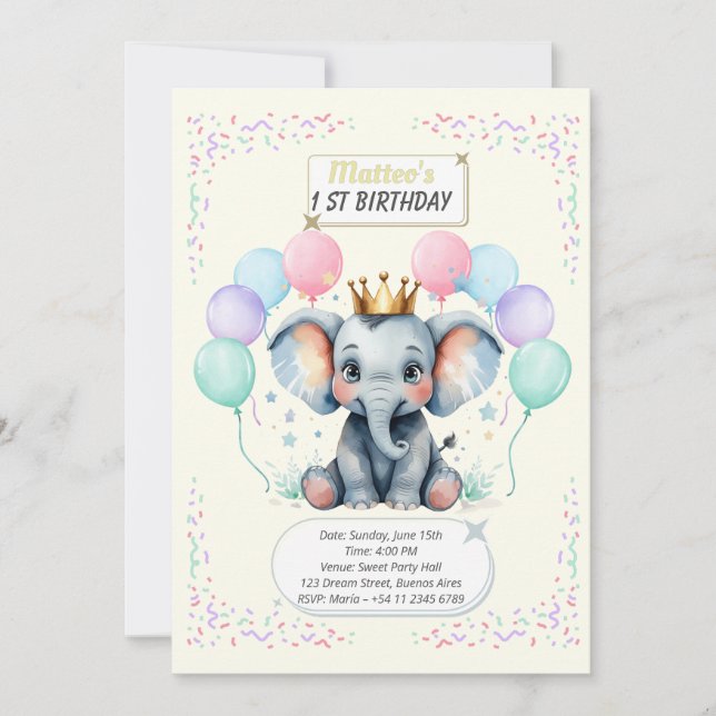 Invitation "Cute Elephant First Birthday pastel designs" (Devant)