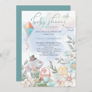 Invitation Cute Elephant Florals Baby shower Pique-nique Garç