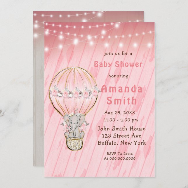 Invitation Cute Elephant Hot Air Baby shower Invitat (Devant / Derrière)