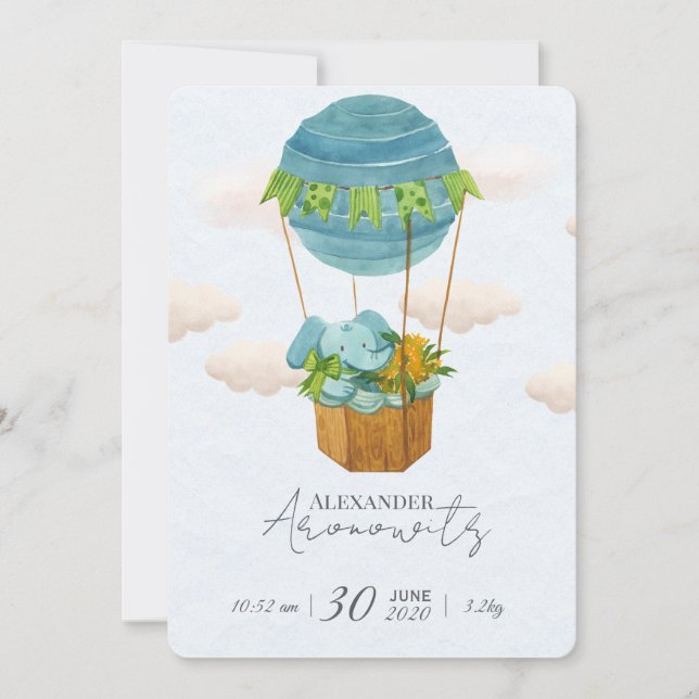Invitation Cute Elephant Hot Air Balloon Baby Birth Announcem (Devant)