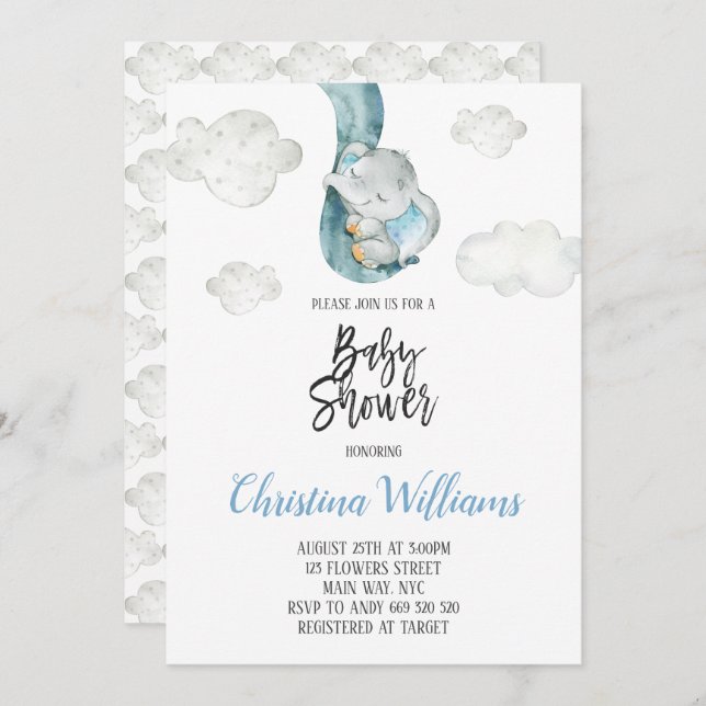 Invitation Cute Elephant Nuages Sky Neutral Baby shower (Devant / Derrière)