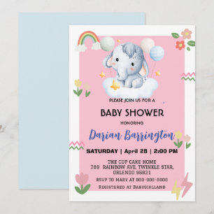 Invitation Cute éléphant petit arc-en-ciel baby shower enfant