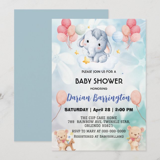 Invitation Cute éléphant petit Ours baby shower enfants garço (Devant / Derrière)
