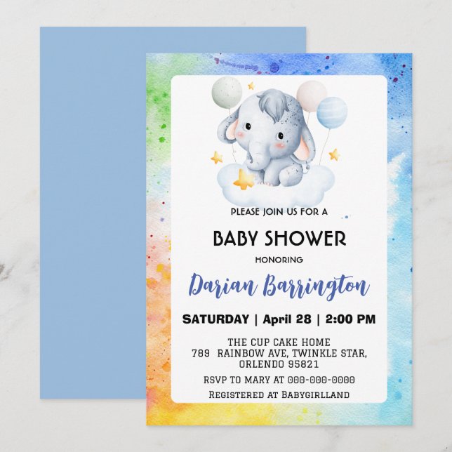Invitation Cute éléphant petit Ours baby shower enfants garço (Devant / Derrière)