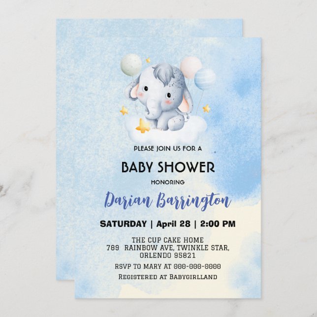 Invitation Cute éléphant petit Ours baby shower enfants garço (Devant / Derrière)