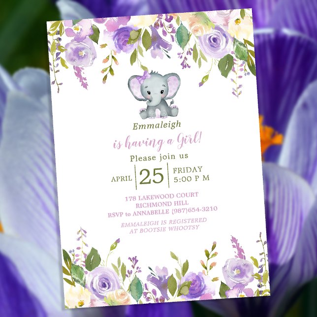 Invitation Cute Elephant Purple Ressort Baby shower Floral (Créateur téléchargé)
