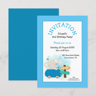 Invitation Cute Elephant Voiture Garçon Anniversaire Party Bl