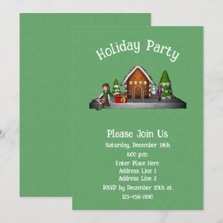 Invitation Cute Elf Gingerbread Maison Noël