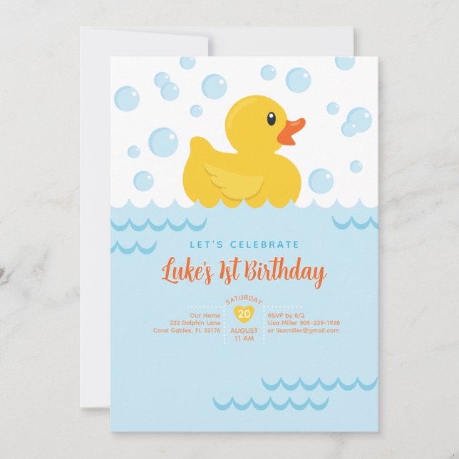 Invitation Cute en caoutchouc Ducky Kids 1ère fête d'annivers (Devant)
