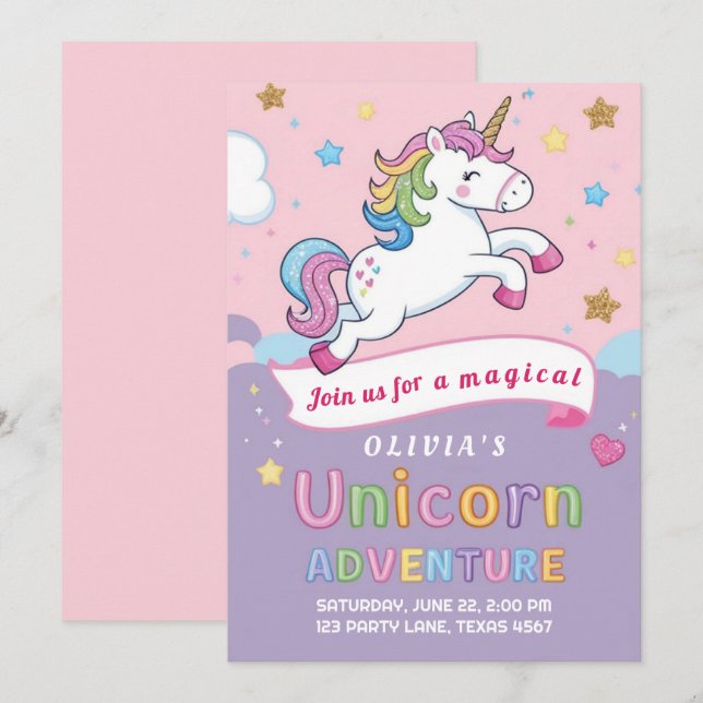 Invitation Cute et magique Unicorn Rainbow Girl Anniversaire (Devant / Derrière)