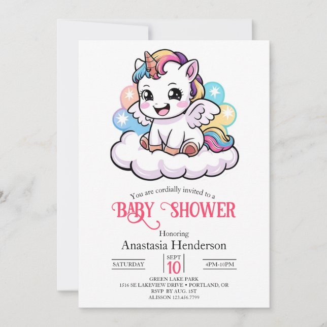 Invitation Cute Fairytale Unicorn Baby shower (Devant)