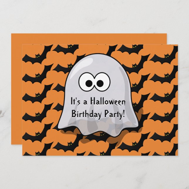 Invitation Cute Fantôme Halloween Anniversaire Fête Bats Oran (Devant / Derrière)