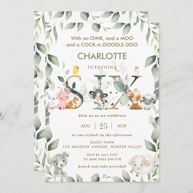 Invitation Cute Farm Animals Barnyard Green 6e anniversaire  (Devant / Derrière)