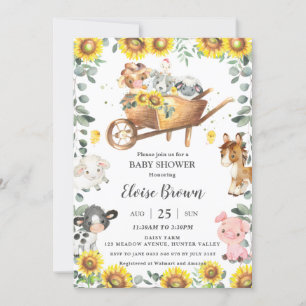 Invitation Cute Farm Animals Sunflower Baby shower de verdure