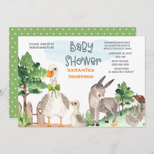 Invitation Cute Farm Animaux Green Boys Baby shower (Devant / Derrière)