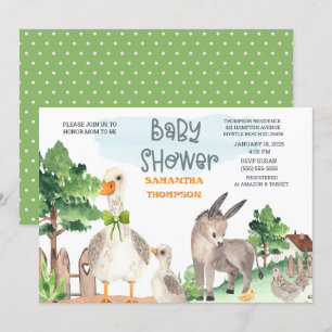 Invitation Cute Farm Animaux Green Boys Baby shower