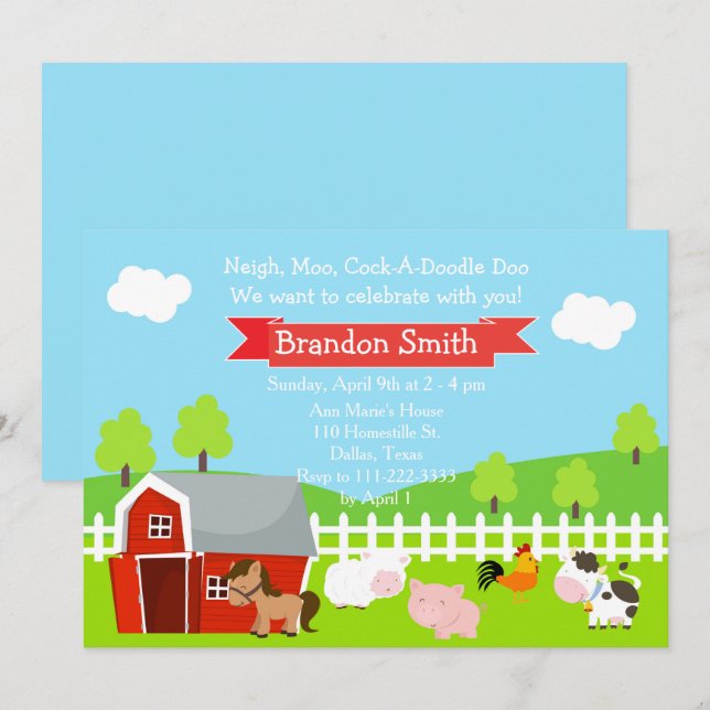 Invitation Cute Farm Animaux Unisex fête d'anniversaire (Devant / Derrière)