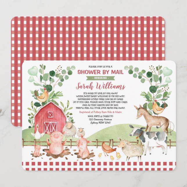 Invitation Cute Farm Barnyard Animaux Baby shower Par Mail (Devant / Derrière)