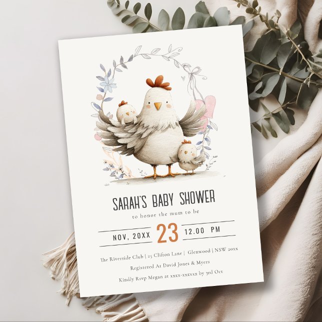 Invitation Cute Farm Mum and Baby Chick Floral Baby Shower (Créateur téléchargé)