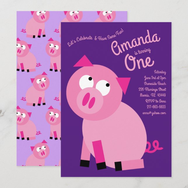 Invitation Cute Farm Pig Kids 1er Anniversaire Fête Invitatio (Devant / Derrière)