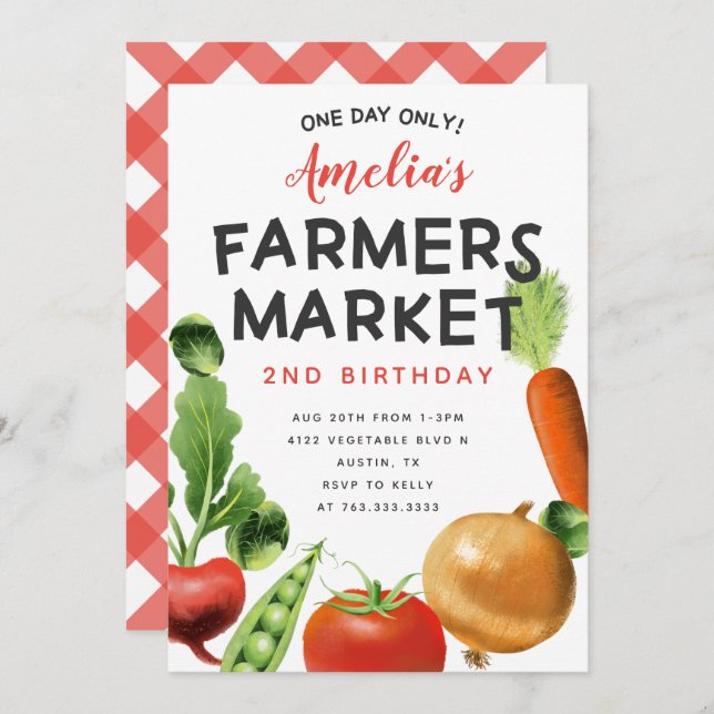 Invitation Cute Farmers Market Légumes fête d'anniversaire (Devant / Derrière)